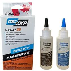 C-POXY 30 by CECCORP is a fast/mid setting 30 minutes epoxy adhesive/glue. Recommended for bonding metal, ceramics, stone, glass, concrete, wood, fiberglass and many plastics.