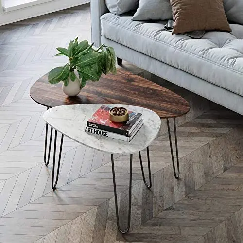 Nathan James Bodhi Mid-Century Nesting Coffee Table Set of 2, Stacking Side or End for Living Room with Faux Carrara Marble, Wood Finish and Black Metal Legs, White/Walnut Nathan James Bodhi Mid-Century Nesting Coffee Table Set of 2, Stacking Side or End for Living Room with Faux Carrara Marble, Wood Finish and Black Metal Legs, White/Walnut