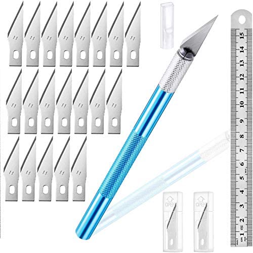 1 Pieces Craft Knife Hobby Knife with Safety Cap and Craft Ruler and 20Pieces Blades for Crafting and Cutting Carving (A- Blue)