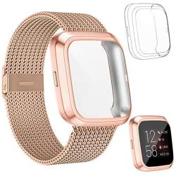 HAPAW Metal Bands Plus Screen Protector Case Compatible with Fitbit Versa 2, Stainless Steel Magnetic Mesh Strap Men Women Bracelet Wristbands Accessories with 2-Pack Bumper Cover for Versa 2 Smartwatch (RoseGold, Large)