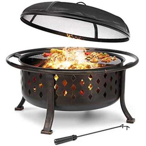 KINGSO 36'' Fire Pit Outdoor Large Steel Wood Burning Fire Pits Bowl BBQ Grill Firepit for Outside with Spark Screen Cooking Grid Poker for Backyard Garden Camping Bonfire Patio, Oil Rubbed Bronze