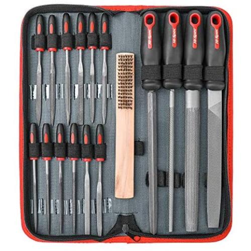 Hi-Spec 17 Piece Carbon-Steel Hand & Needle File Tool Set. 4 Piece Large Flat, Half-Round, Round & Triangle & 12 Piece Fine Micro Needle Files for DIY Craftwork, Metal & Wood Work