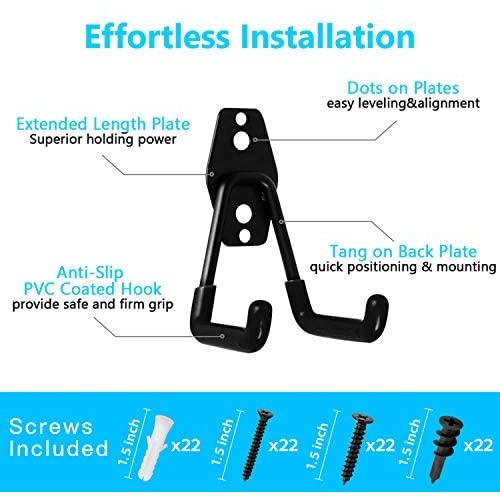 Garage Hooks, 12 Pack Wall Storage Hooks with 2 Extension Cord Storage Straps, Heavy Duty Tool Hangers for Utility Organizations, Wall Mount Holders for Garden Lawn Tools, Ladders, Bike (Black)