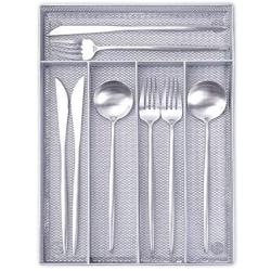 Flatware Organizers 5 Compartments, Metal Mesh Kitchen Utensil Drawer Cutlery Tray with 4 Foam Feet, Silver