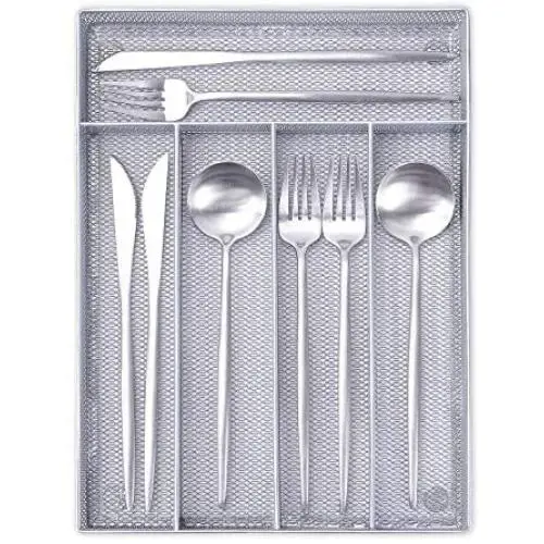 Flatware Organizers 5 Compartments, Metal Mesh Kitchen Utensil Drawer Cutlery Tray with 4 Foam Feet, Silver Flatware Organizers 5 Compartments, Metal Mesh Kitchen Utensil Drawer Cutlery Tray with 4 Foam Feet, Silver