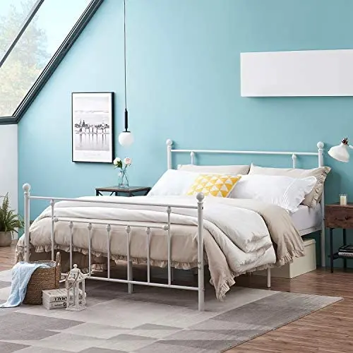 VECELO Full Size Bed Frame, Metal Platform Mattress Foundation/Box Spring Replacement with Headboard Victorian Style, White VECELO Full Size Bed Frame, Metal Platform Mattress Foundation/Box Spring Replacement with Headboard Victorian Style, White