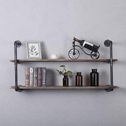 Industrial Pipe Shelving Wall Mounted,48in Rustic Metal Floating Shelves,Steampunk Real Wood Book Shelves,Wall Shelf Unit Bookshelf Hanging Wall Shelves,Farmhouse Kitchen Bar Shelving(2 Tier)