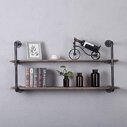 Industrial Pipe Shelving Wall Mounted,48in Rustic Metal Floating Shelves,Steampunk Real Wood Book Shelves,Wall Shelf Unit Bookshelf Hanging Wall Shelves,Farmhouse Kitchen Bar Shelving(2 Tier)