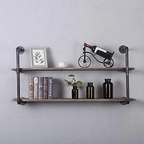 Industrial Pipe Shelving Wall Mounted,48in Rustic Metal Floating Shelves,Steampunk Real Wood Book Shelves,Wall Shelf Unit Bookshelf Hanging Wall Shelves,Farmhouse Kitchen Bar Shelving(2 Tier)