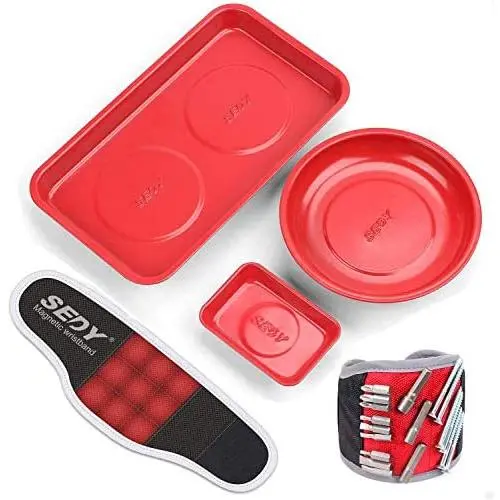 SEDY Magnetic Parts Tray Set, 3-Pieces Magnetic Tool Holders with Magnetic Wristband, MGSS Stainless Steel/Strong Magnet, Hold Any Metal Parts Like Socket Screw Nuts Bolts