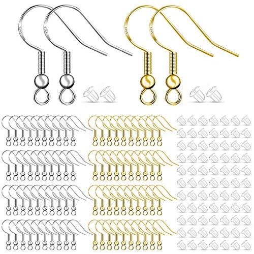 100 Pair 925 Silver Hypoallergenic Earring Hooks, Earring Making Supplies Kit with Ear Wires Fish Hooks and Clear Rubber Earring Backs for DIY Jewelry Making