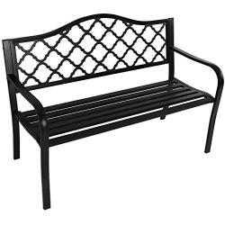 Sunnydaze Outdoor Patio Bench - 2-Person Outside Garden Park Bench Furniture - Durable Cast Iron Metal - Black Lattice Decorative Design - Outdoor Seating for Yard, Porch, Deck, Entryway or Backyard