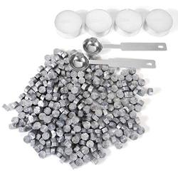 Silver Sealing Wax Beads, Yoption 300 Pieces Octagon Wax Seal Beads Kit with 2 Melting Spoon and 4 Candles for Seal Stamp (Silver)