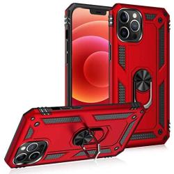 UNKNOK Compatible with iPhone 12 5G Case, iPhone 12 Pro 5G Case [Military Grade ] Drop Tested Metal Rotating Ring Kickstand Magnetic Support Cover for iPhone 12 and iPhone 12 Pro 6.1 Inch (Red)