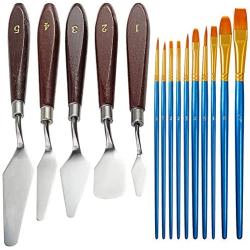 5 Pcs Palette Knives Set with 10 Pcs Painting Brushes, FineGood Stainless Steel Spatula Oil Paint Metal Knife Wood Handle and Nylon Hair Brushes for Artists Beginners
