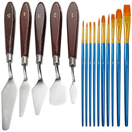 5 Pcs Palette Knives Set with 10 Pcs Painting Brushes, FineGood Stainless Steel Spatula Oil Paint Metal Knife Wood Handle and Nylon Hair Brushes for Artists Beginners