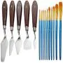 5 Pcs Palette Knives Set with 10 Pcs Painting Brushes, FineGood Stainless Steel Spatula Oil Paint Metal Knife Wood Handle and Nylon Hair Brushes for Artists Beginners