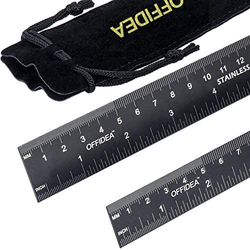 Offidea Steel Ruler 12 Inch and Steel Ruler 6 Inch Set - Metal Rulers with 1/16 and 1/32 Inch Imperial and 1mm and .5mm Metric High Contrast Scales - Conversion Tables - Ideal for School and Office