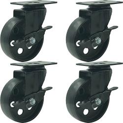 FactorDuty 4 All Black Metal Swivel Plate Caster Wheels w/Brake Lock Heavy Duty High-Gauge Steel (4'' with Brake)