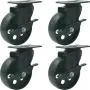 FactorDuty 4 All Black Metal Swivel Plate Caster Wheels w/Brake Lock Heavy Duty High-Gauge Steel (4'' with Brake)