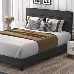 Allewie Queen Size Platform Bed Frame with Fabric Upholstered Headboard and Wooden Slats, Fully Upholstered Mattress Foundation / Strong Wooden Slats Support / Box Spring Optional / Easy Assembly