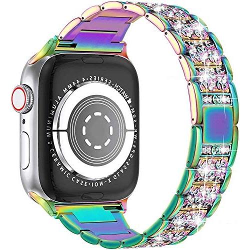 Compatible with Apple Watch Band 38mm 40mm 42mm 44mm SE Series 6 5 4 3 2 1,Replacement Bling Watch Band,Dressy Jewelry Metal Wristband Strap Diamond Rhinestone(Multi-Colored, 38/40mm)