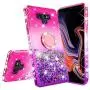 SOGA Rhinestone Glitter Bling Liquid Floating Quicksand Cute Phone Case Compatible for Samsung Galaxy Note 9 Case with Embedded Metal Ring for Magnetic Car Mounts Include Lanyard - Purple on Pink