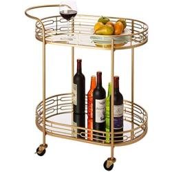 Glitzhome 30.71'' H Oval Gold Bar Cart with 4 Wheels 2-Tier Deluxe Tray Metal Mirrored Glass Top Rolling Serving Cart for Kitchen Living Room Hotel Wine/Tea Serving Cart