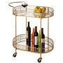 Glitzhome 30.71'' H Oval Gold Bar Cart with 4 Wheels 2-Tier Deluxe Tray Metal Mirrored Glass Top Rolling Serving Cart for Kitchen Living Room Hotel Wine/Tea Serving Cart