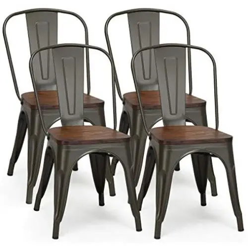 COSTWAY 18 Inch Dining Chair Set of 4, Industrial Vintage Stackable Metal Chairs, Counter Bar Chairs with High Backrest, Wood Seat, for Home, Kitchen and Cafe Bar Use COSTWAY 18 Inch Dining Chair Set of 4, Industrial Vintage Stackable Metal Chairs, Counter Bar Chairs with High Backrest, Wood Seat, for Home, Kitchen and Cafe Bar Use