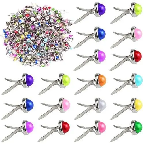 Yexpress 200 Pieces 6 x 13mm Mixed Colors Pearl Mini Brads Round Paper Fasteners Brass Pastel Metal Brads for Scrapbooking Crafts DIY Paper