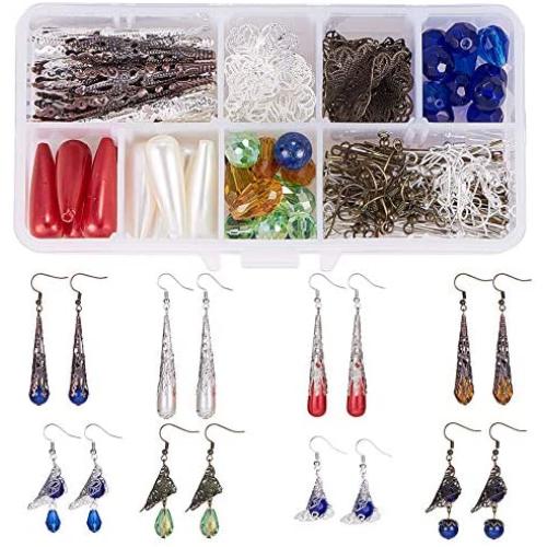 SUNNYCLUE 1 Box DIY 12 Pair Vintage Mixed Iron Long Filigree Cone Bead Caps Earring Making Starter Kit Exclusive Jewelry Kit，Instruction