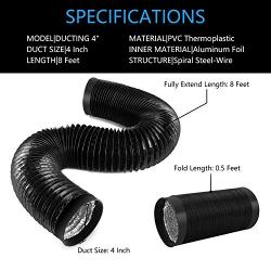 iPower 4 Inch 8 Feet Flexible PVC Aluminum Ducting Dryer Vent Hose for HVAC Ventilation, 2 Clamps Included