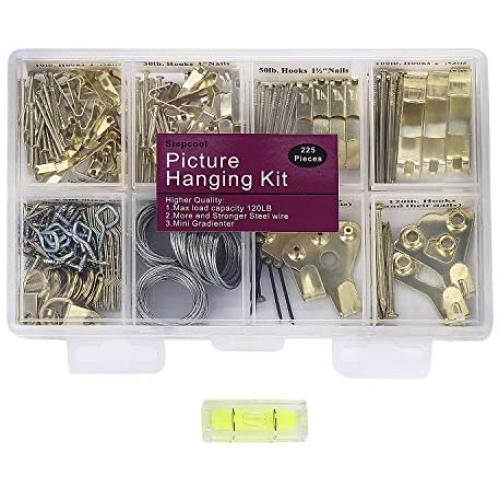 Picture Hangers, Quality Picture Hanging Kit, 225pcs Heavy Duty Frame Hooks Hardware with Nails, Hanging Wire, Screw Eyes, D Ring and Sawtooth for Wall Mounting