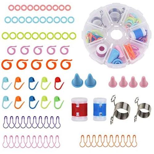 BENBO Knitting Tool Kit Accessories, 2 Pieces Metal Yarn Guide Knitting Thimbles and 90 Pieces DIY Knitting Tools Kit with Storage Case