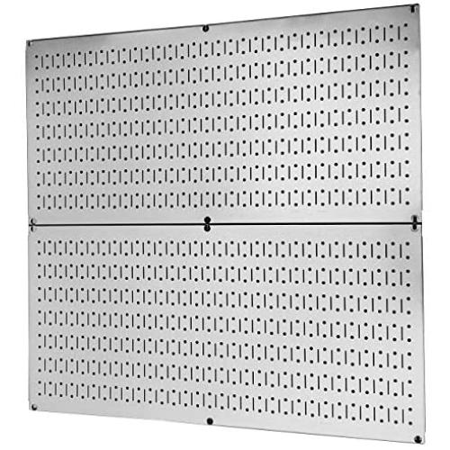 Pegboard Rack Wall Control Garage Storage Galvanized Steel Horizontal Pegboard Pack - Two 32-Inch x 16-Inch Shiny Metallic Metal Peg Board Tool Organization Panels