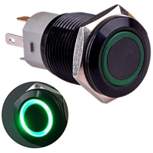 Taien Latching Pushbutton Switch for 16mm 5/8'' Mounting Hole ON/Off Black Metal Shell with Green LED Light