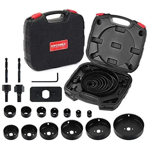 Hole Saw Set HYCHIKA 19 Pcs Hole Saw Kit with 13Pcs Saw Blades, 2 Mandrels, 2 Drill Bits, 1 Installation Plate, 1 Hex Key, Max Size 6'' and Min Size 3/4'', Ideal for Soft Wood, Plywood, Drywall, PVC Hole Saw Set HYCHIKA 19 Pcs Hole Saw Kit with 13Pcs Saw Blades, 2 Mandrels, 2 Drill Bits, 1 Installation Plate, 1 Hex Key, Max Size 6'' and Min Size 3/4'', Ideal for Soft Wood, Plywood, Drywall, PVC