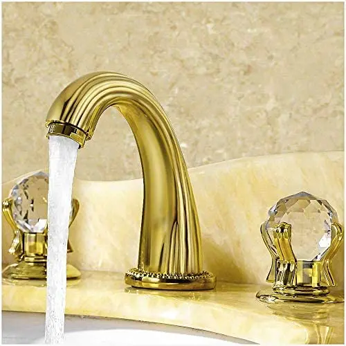 Aposhion Luxury Gold Finish Bathroom Faucet with Crystal Knobs 3 Holes Bath Sink Waterfall Basin Mixer Tap Aposhion Luxury Gold Finish Bathroom Faucet with Crystal Knobs 3 Holes Bath Sink Waterfall Basin Mixer Tap