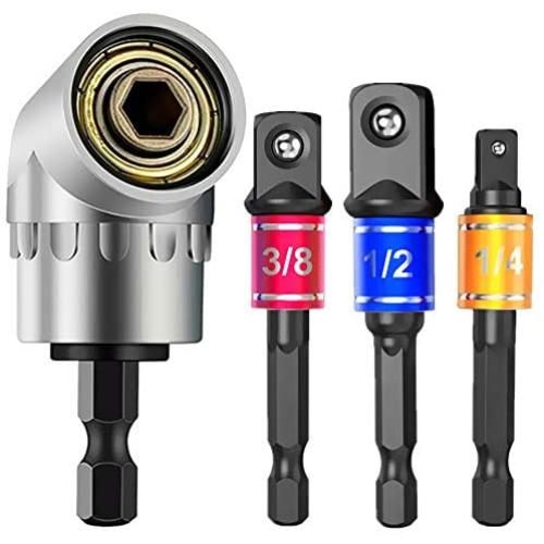 CIGOTU Impact Grade Power Hand Tools Driver Sockets Adapter Extension Set, 3Pcs 1/4 3/8 1/2'' Hex Shank Drill Nut Driver Bit Set + 105 Degree Right Angle Driver Extension Screwdriver Drill Attachment