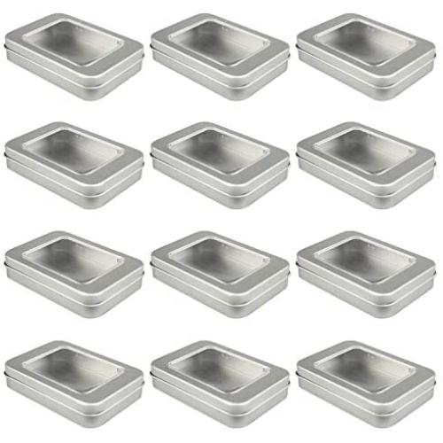 12 Pack Empty Rectangular Metal Storage Organizer Tins with Clear Window Hinged Lids for Candies, Gifts & Treasures (Silver)