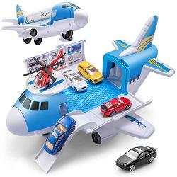 Geyiie Airplane Car Toys, Aircraft Car Set Toys with 5pcs Vehicle Car, Parking Scene Game with Stickers, a Helicoper Toy for Kids Toddlers Boys Girls Gift