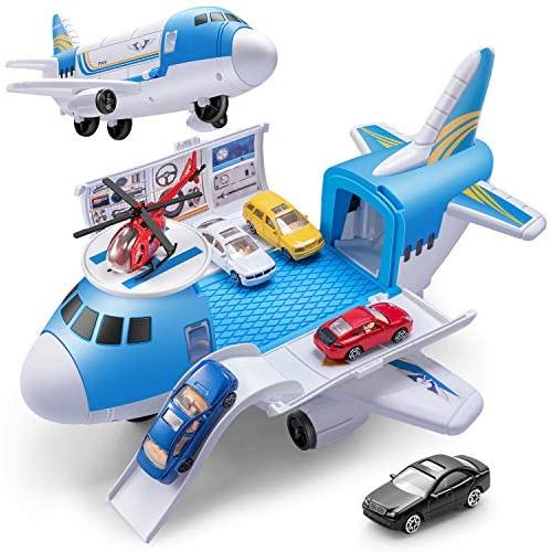 Geyiie Airplane Car Toys, Aircraft Car Set Toys with 5pcs Vehicle Car, Parking Scene Game with Stickers, a Helicoper Toy for Kids Toddlers Boys Girls Gift