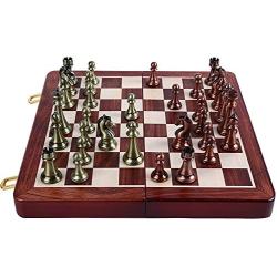 Agirlgle International Chess Set with Folding Wooden Chess Board and Classic Handmade Standard Pieces Metal Chess Set for Kids Adult