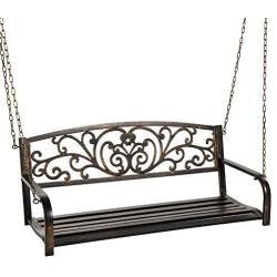 Best Choice Products 2-Person Metal Outdoor Porch Swing, Hanging Steel Patio Bench for Garden Deck w/Floral Accent, 485lb Weight Capacity - Bronze