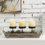 MyGift 3-Pillar Metal Candle Holders with Rustic Torched Wood Tray and Artificial Succulent/Pine Cone Decorations