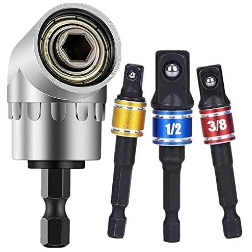 Impact Grade Driver Sockets Adapter Extension Set Drill Bit + Right Angle Driver, 3Pcs 1/4 3/8 1/2'' Universal Socket Adapter Set, 105 Degree Right Angle Screwdriver set Drill Hex Bit Socket Adapter