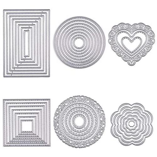 BENECREAT 6 Sets Cutting Dies Cut Metal Scrapbooking Stencils Nesting Die with Clear Storage Box for Festival Chrismas Embossing Photo Album Cards Making - Round, Square, Rectangle, Heart, Flower