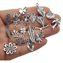 Youdiyla 100pcs Mix Silver Tree Flower Charms Collection, Bulk Mini Small Little Charms Metal Pendant Craft Supplies Findings for Necklace and Bracelet Jewelry Making (HM291)