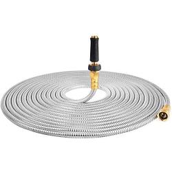 TOUCH-RICH 304 Stainless Steel Garden Hose, Lightweight Metal Hose with Free Nozzle, Guaranteed Flexible and Kink Free (50FT, Stainless)